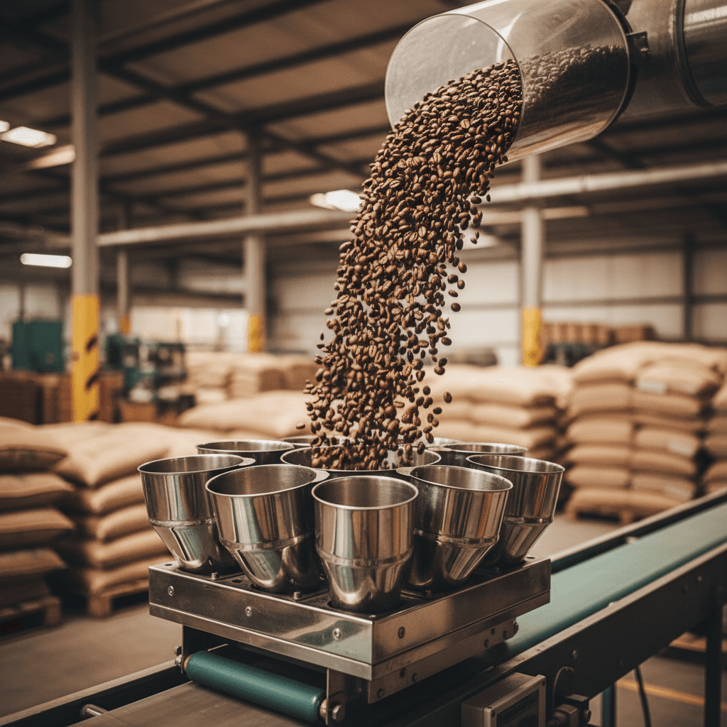 Coffee beans being weighed and prepared for packaging