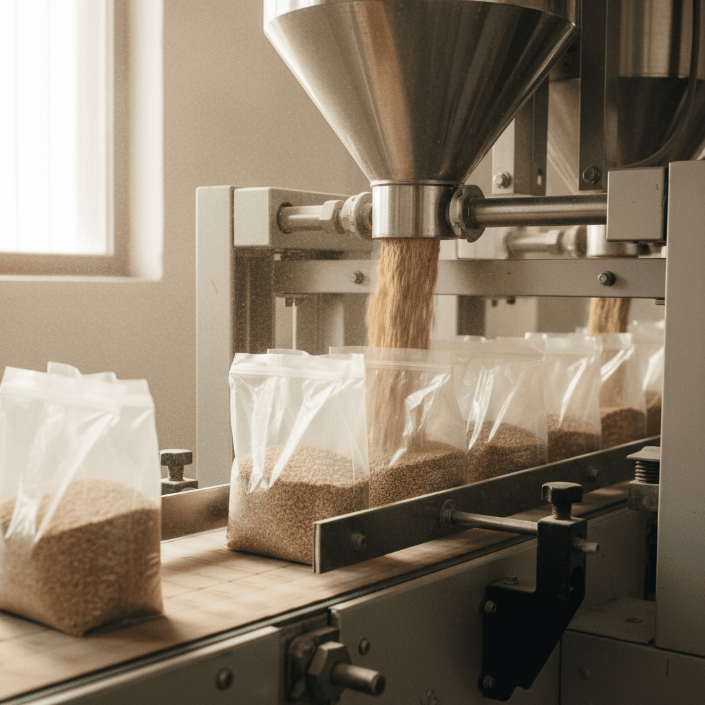Dry food packing line with grain flowing into bags