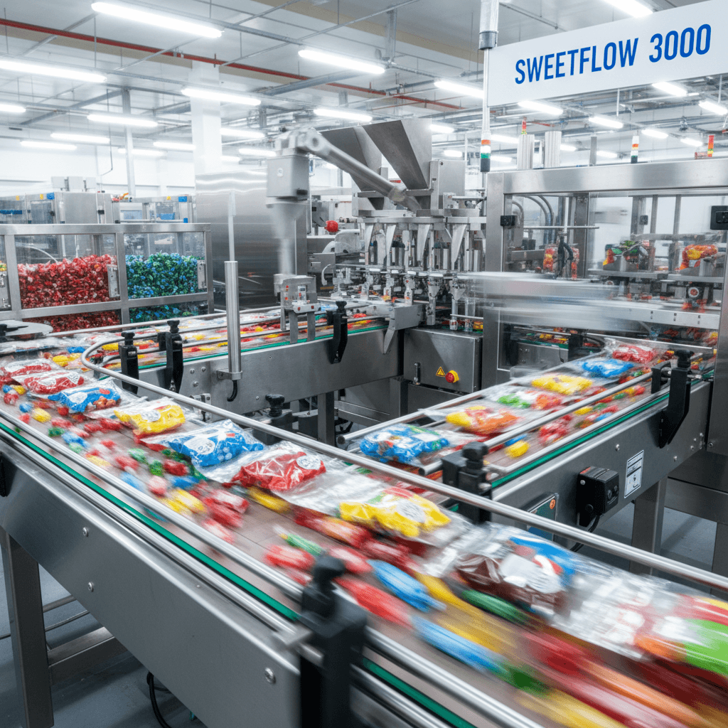 High-speed candy packing line with wrapped sweets
