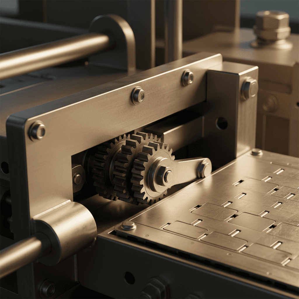 Stainless steel packing machine components in industrial detail