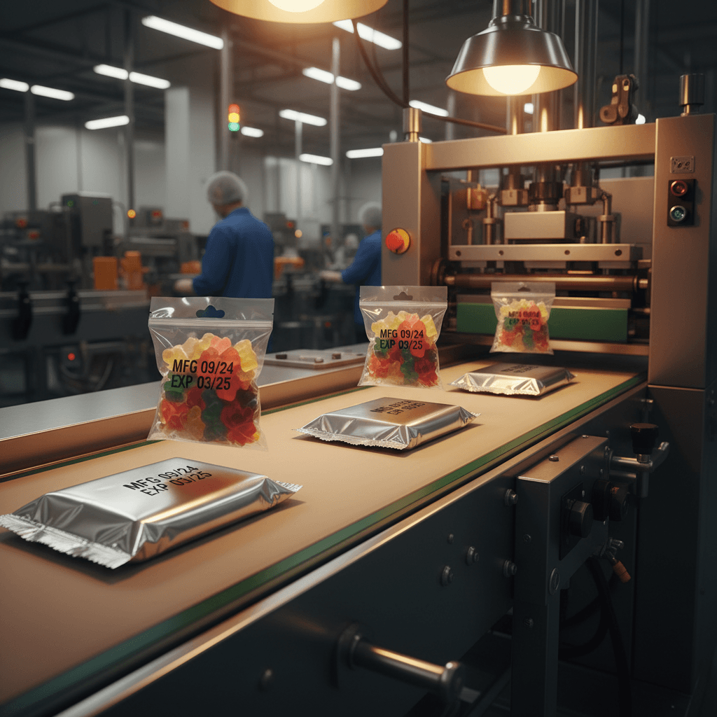 Completed packaged sweets with date imprinting on conveyor line