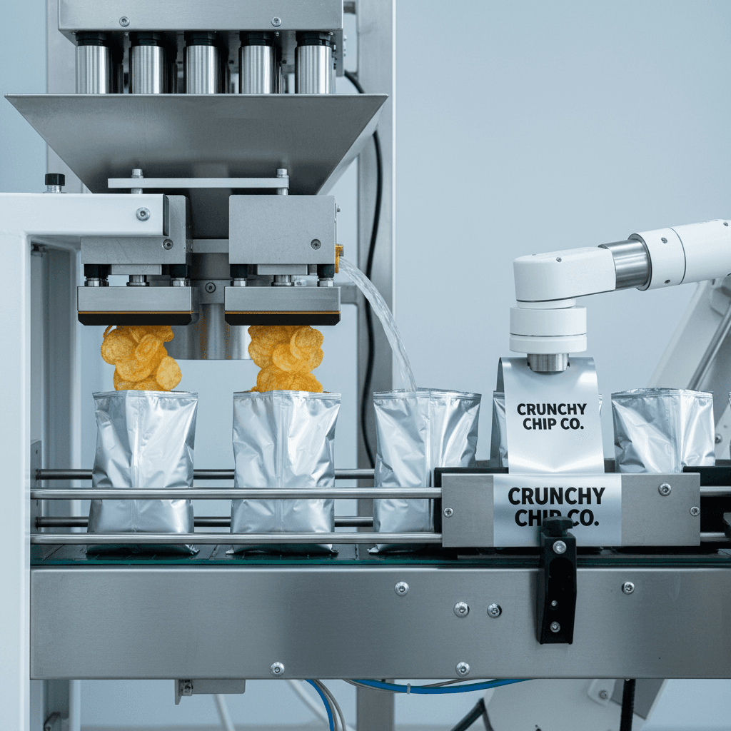 Snack packing line with nitrogen flushing for chip bags
